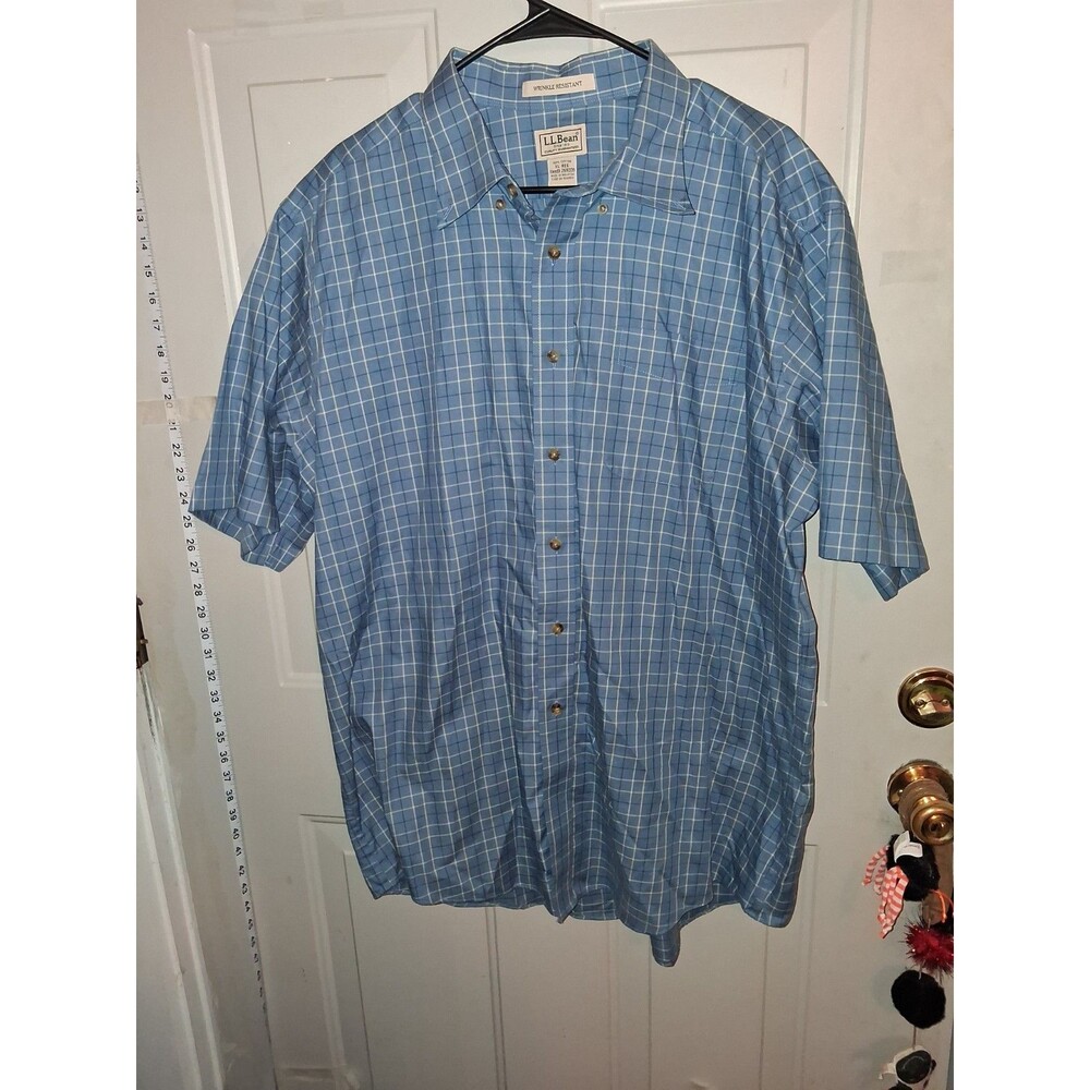 L.L.Bean Men's XXL Blue Plaid Wrinkle Resistant Short Sleeve Button Shirt EUC